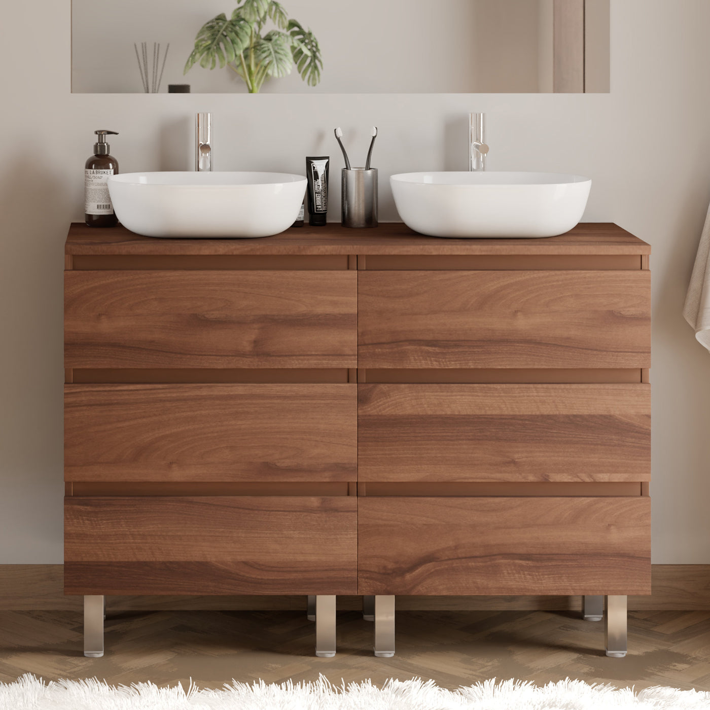 Meuble de salle de bain 140cm avec plateau et 2 vasques à poser arrondies - 6 tiroirs - sans miroir - MAYOR