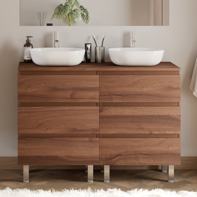 Meuble de salle de bain 140cm avec plateau et 2 vasques à poser arrondies - 6 tiroirs - sans miroir - MAYOR