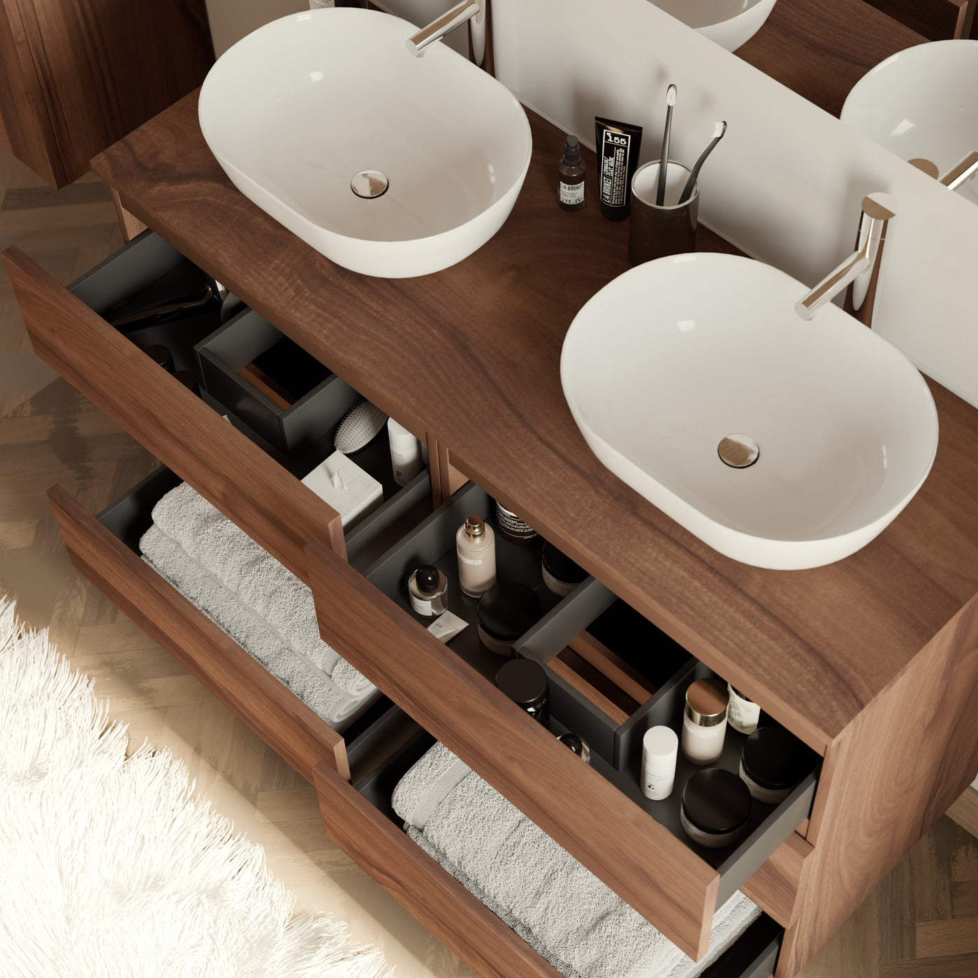 Meuble de salle de bain 140cm avec plateau et 2 vasques à poser arrondies - 6 tiroirs - sans miroir - MAYOR