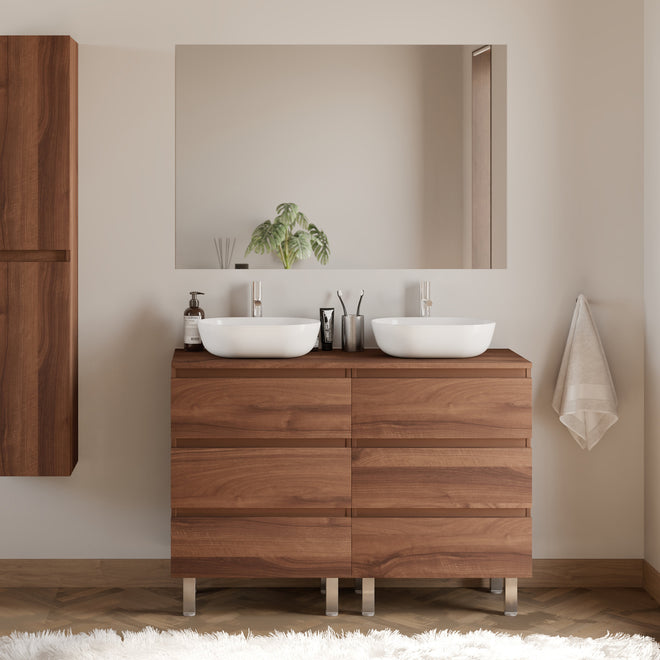 Meuble de salle de bain 120cm avec plateau et 2 vasques à poser arrondies - 6 tiroirs - MAYOR