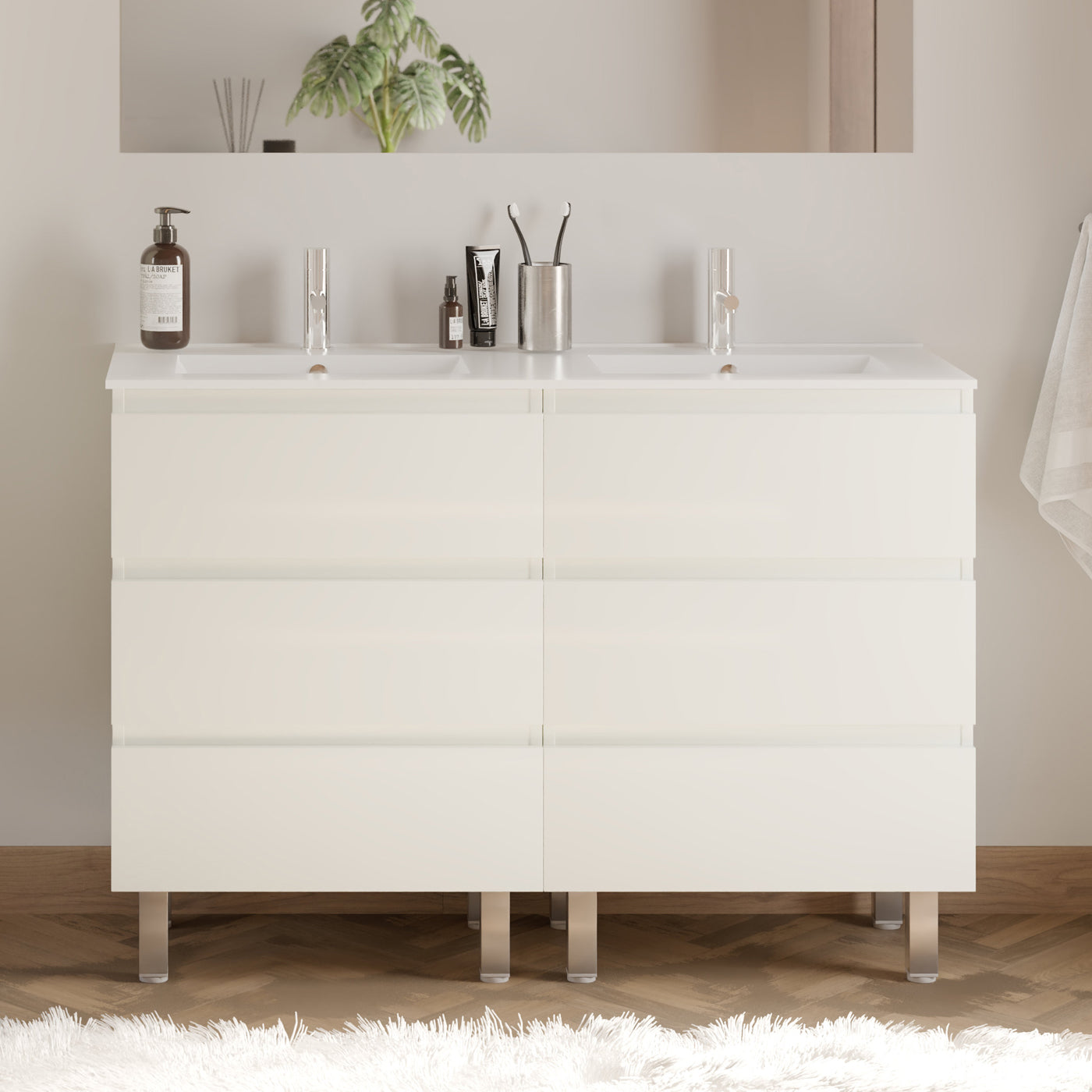 Meuble de salle de bain 120cm double vasque - 6 tiroirs - sans miroir - MAYOR