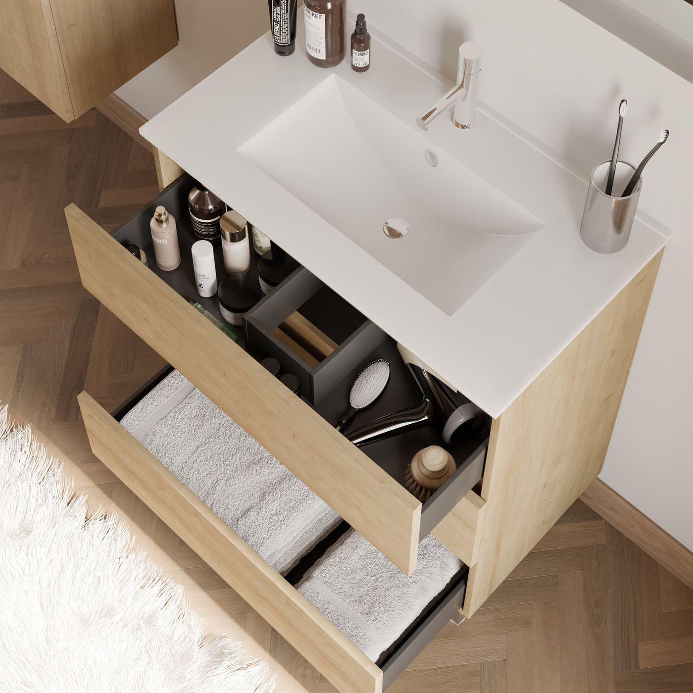 Meuble de salle de bain 60cm simple vasque - 3 tiroirs - sans miroir - MAYOR