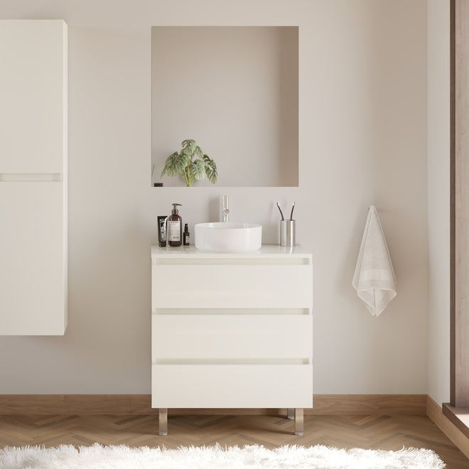 Meuble de salle de bain 60cm avec plateau et vasque à poser ronde - 3 tiroirs - MAYOR
