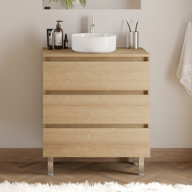 Meuble de salle de bain 60cm avec plateau et vasque à poser ronde - 3 tiroirs - sans miroir - MAYOR
