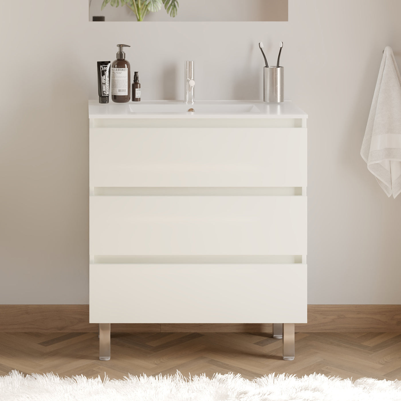 Meuble de salle de bain 60cm simple vasque - 3 tiroirs - sans miroir - MAYOR