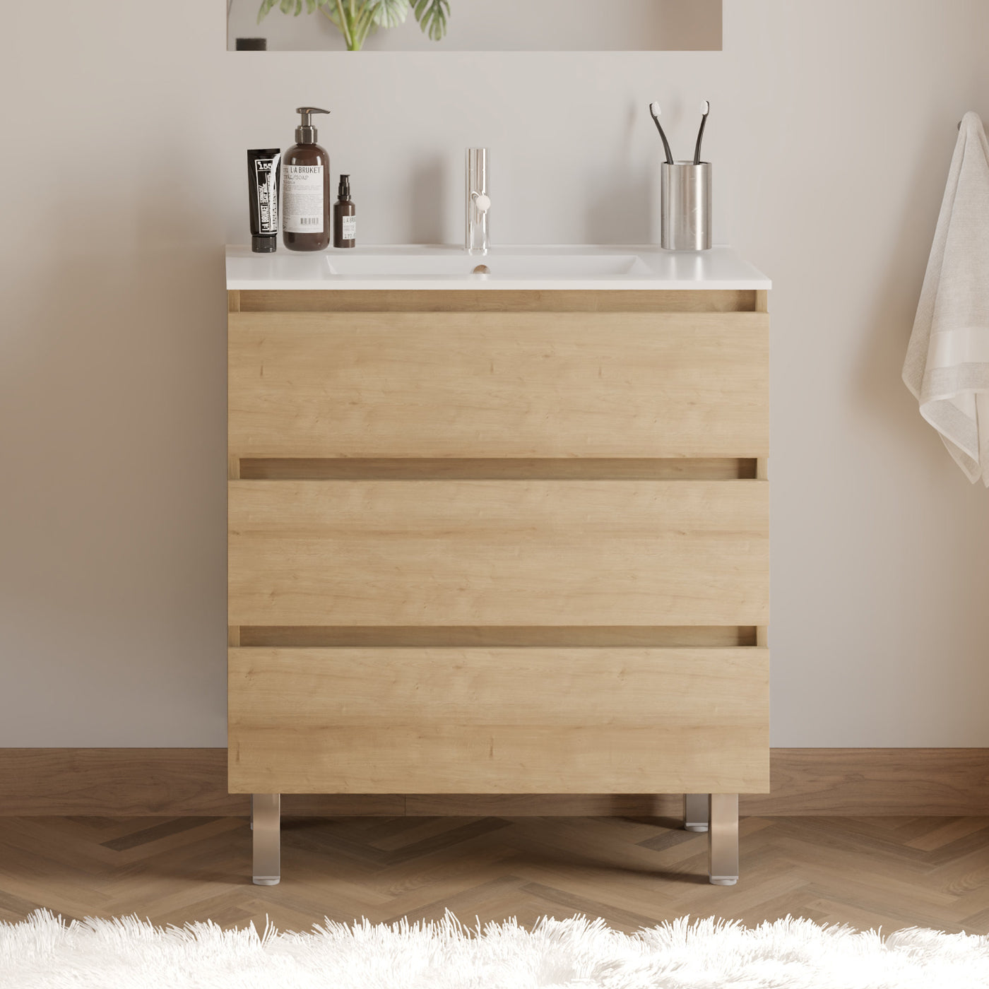 Meuble de salle de bain 60cm simple vasque - 3 tiroirs - sans miroir - MAYOR