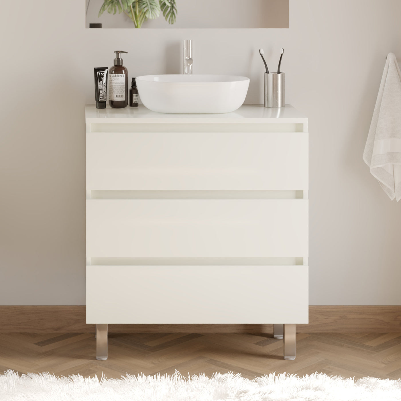 Meuble de salle de bain 60cm avec plateau et vasque à poser arrondie - 3 tiroirs - MAYOR