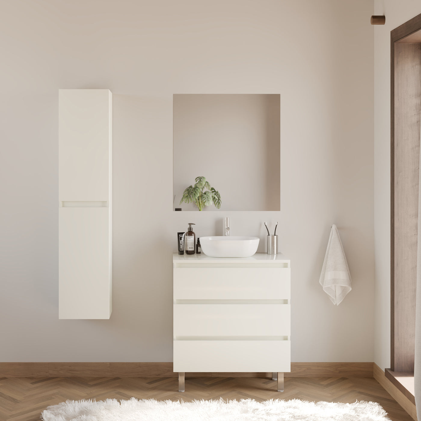 Meuble de salle de bain 60cm avec plateau et vasque à poser arrondie - 3 tiroirs - MAYOR