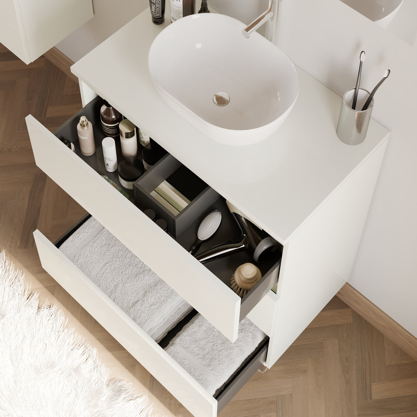 Meuble de salle de bain 60cm avec plateau et vasque à poser arrondie - 3 tiroirs - MAYOR