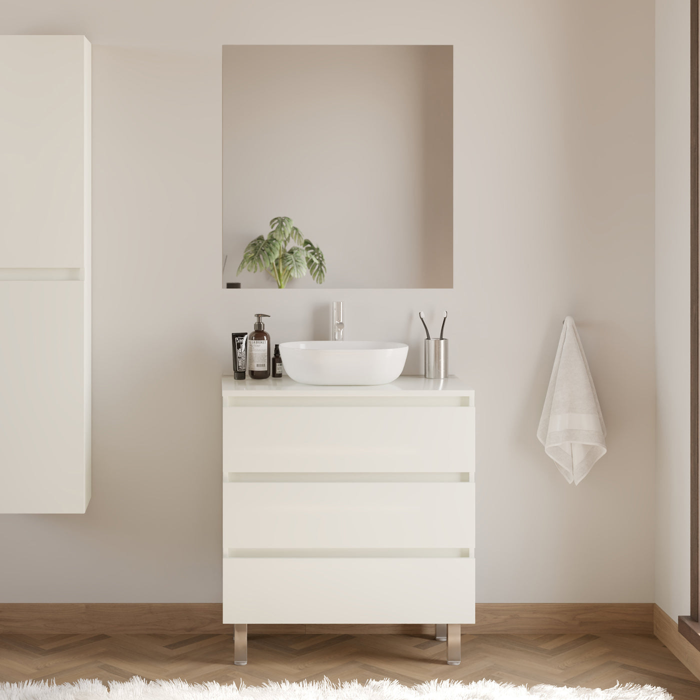 Meuble de salle de bain 60cm avec plateau et vasque à poser arrondie - 3 tiroirs - MAYOR