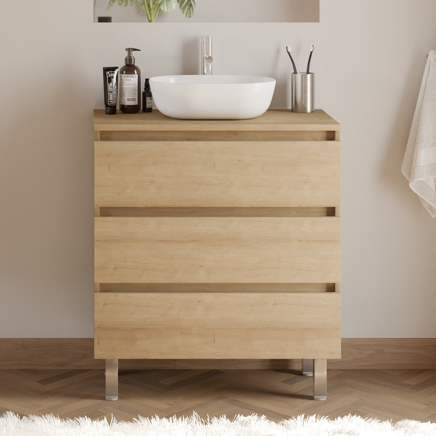 Meuble de salle de bain 60cm avec plateau et vasque à poser arrondie - 3 tiroirs - MAYOR