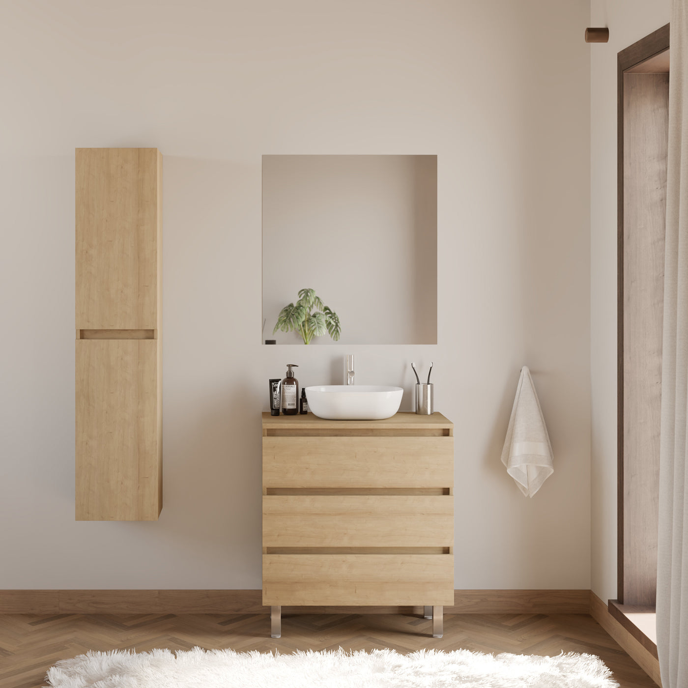 Meuble de salle de bain 60cm avec plateau et vasque à poser arrondie - 3 tiroirs - MAYOR