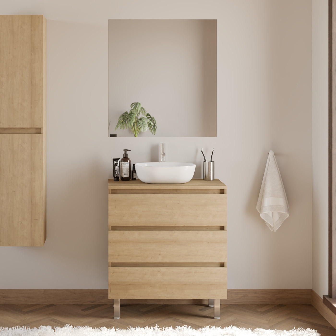 Meuble de salle de bain 60cm avec plateau et vasque à poser arrondie - 3 tiroirs - MAYOR