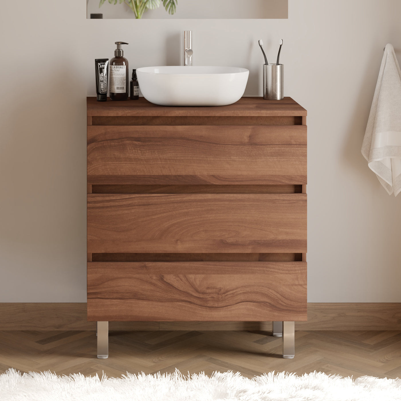 Meuble de salle de bain 60cm avec plateau et vasque à poser arrondie - 3 tiroirs - MAYOR