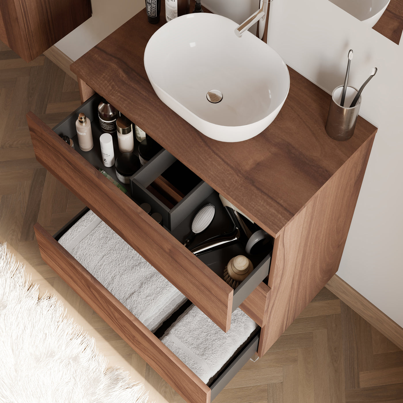 Meuble de salle de bain 60cm avec plateau et vasque à poser arrondie - 3 tiroirs - MAYOR