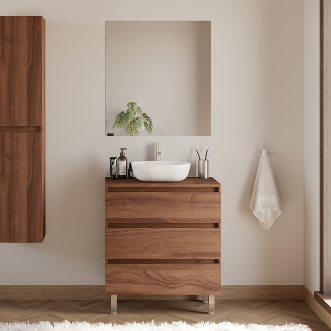 Meuble de salle de bain 60cm avec plateau et vasque à poser arrondie - 3 tiroirs - MAYOR