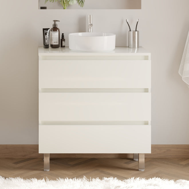 Meuble de salle de bain 80cm avec plateau et vasque à poser ronde - 3 tiroirs - sans miroir - MAYOR