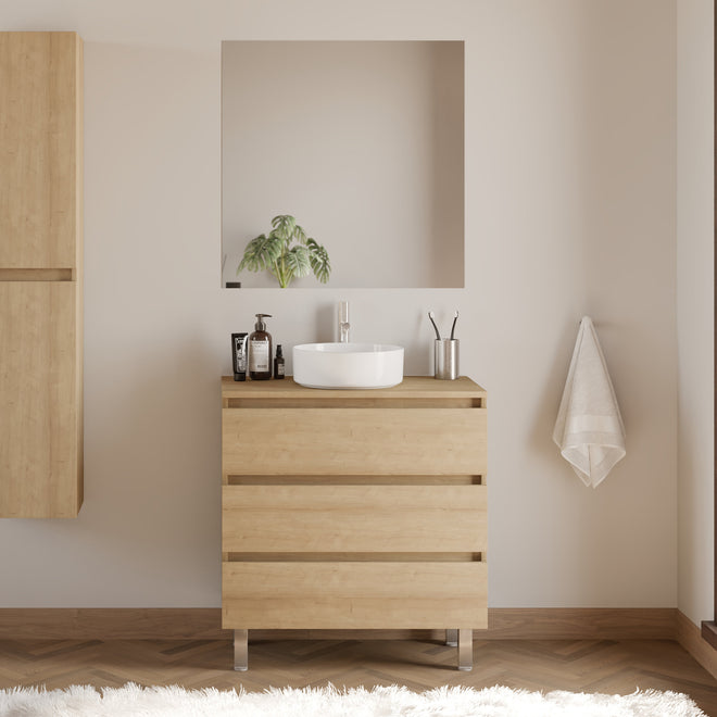 Meuble de salle de bain 70cm avec plateau et vasque à poser ronde - 3 tiroirs - MAYOR
