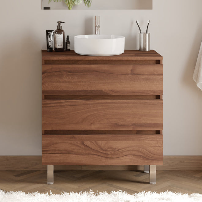 Meuble de salle de bain 70cm avec plateau et vasque à poser ronde - 3 tiroirs - sans miroir - MAYOR