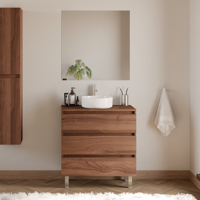 Meuble de salle de bain 80cm avec plateau et vasque à poser ronde - 3 tiroirs - MAYOR