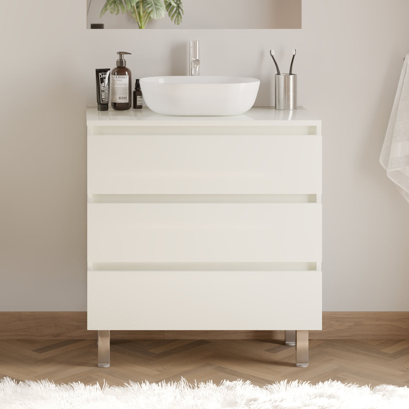 Meuble de salle de bain 80cm avec plateau et vasque à poser arrondie - 3 tiroirs - MAYOR
