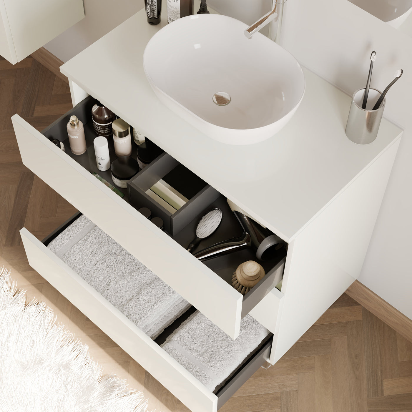 Meuble de salle de bain 80cm avec plateau et vasque à poser arrondie - 3 tiroirs - MAYOR