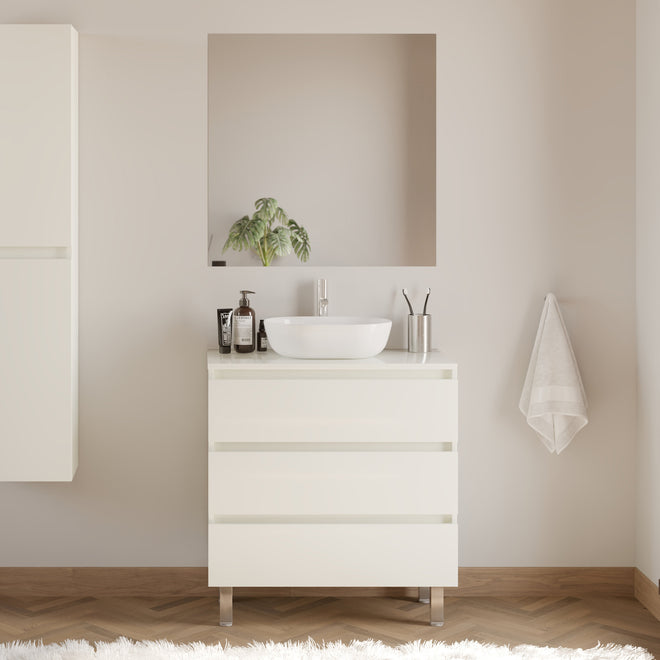 Meuble de salle de bain 70cm avec plateau et vasque à poser arrondie - 3 tiroirs - MAYOR