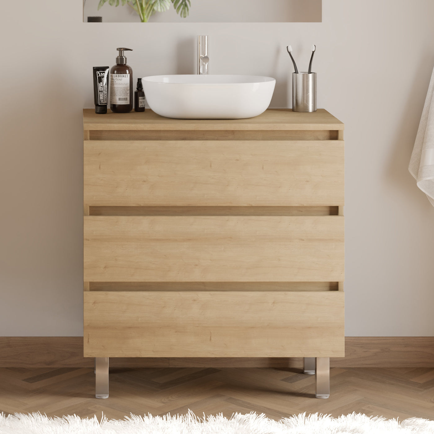 Meuble de salle de bain 80cm avec plateau et vasque à poser arrondie - 3 tiroirs - MAYOR