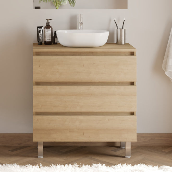 Meuble de salle de bain 70cm avec plateau et vasque à poser arrondie - 3 tiroirs - sans miroir - MAYOR