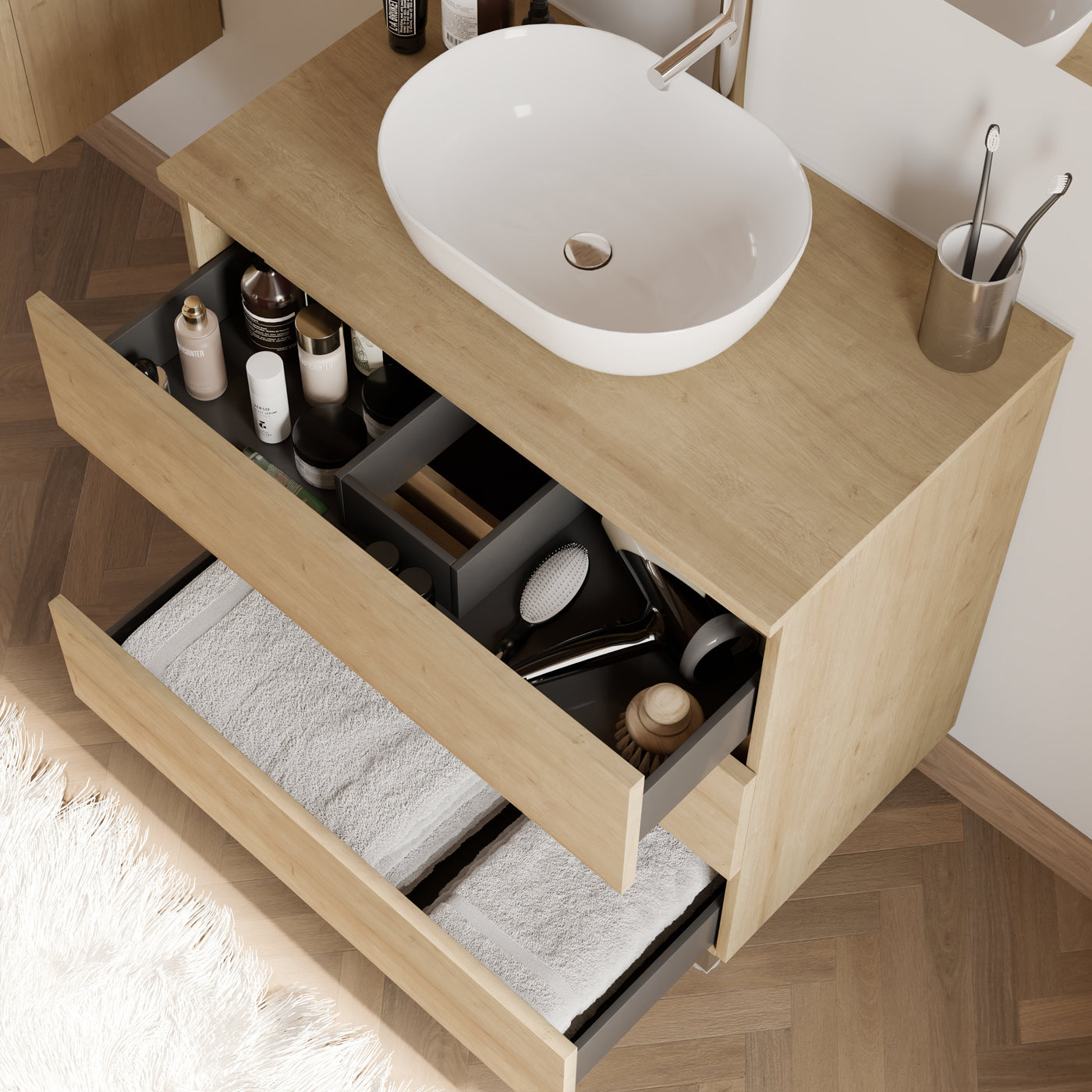 Meuble de salle de bain 80cm avec plateau et vasque à poser arrondie - 3 tiroirs - MAYOR