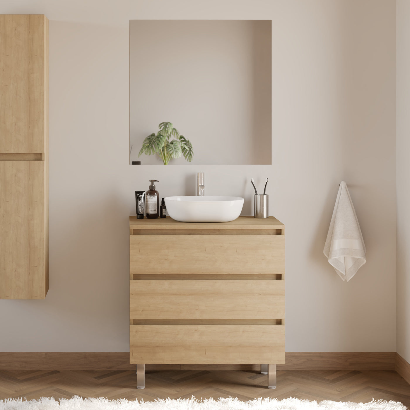 Meuble de salle de bain 80cm avec plateau et vasque à poser arrondie - 3 tiroirs - MAYOR