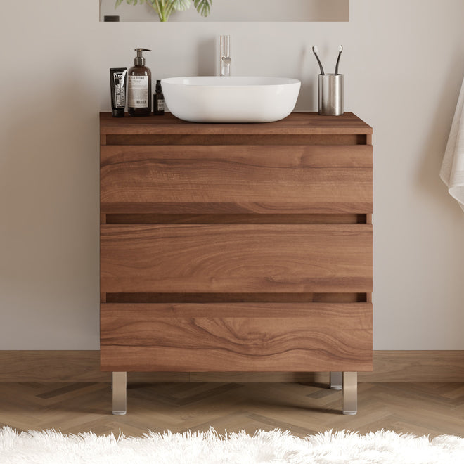 Meuble de salle de bain 80cm avec plateau et vasque à poser arrondie - 3 tiroirs - sans miroir - MAYOR