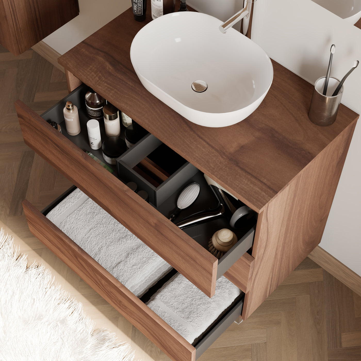 Meuble de salle de bain 80cm avec plateau et vasque à poser arrondie - 3 tiroirs - MAYOR