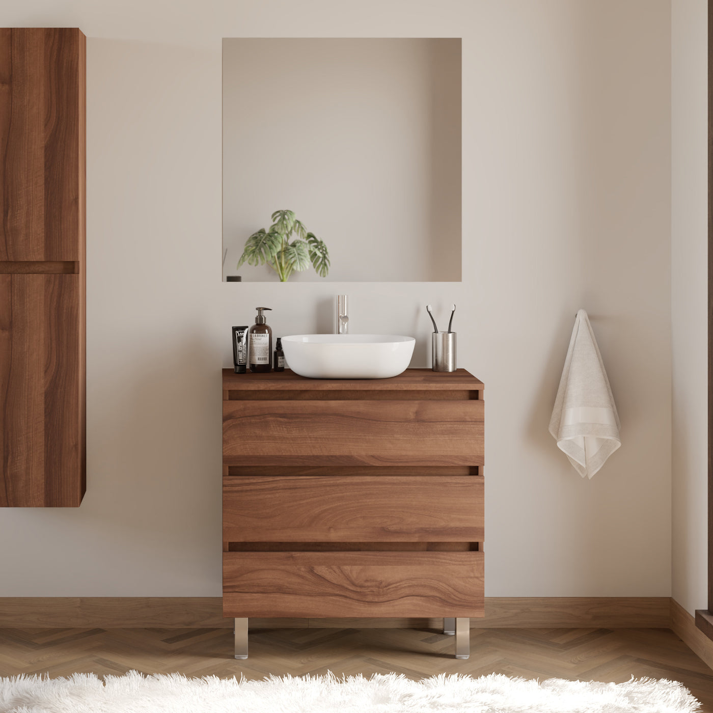 Meuble de salle de bain 80cm avec plateau et vasque à poser arrondie - 3 tiroirs - MAYOR