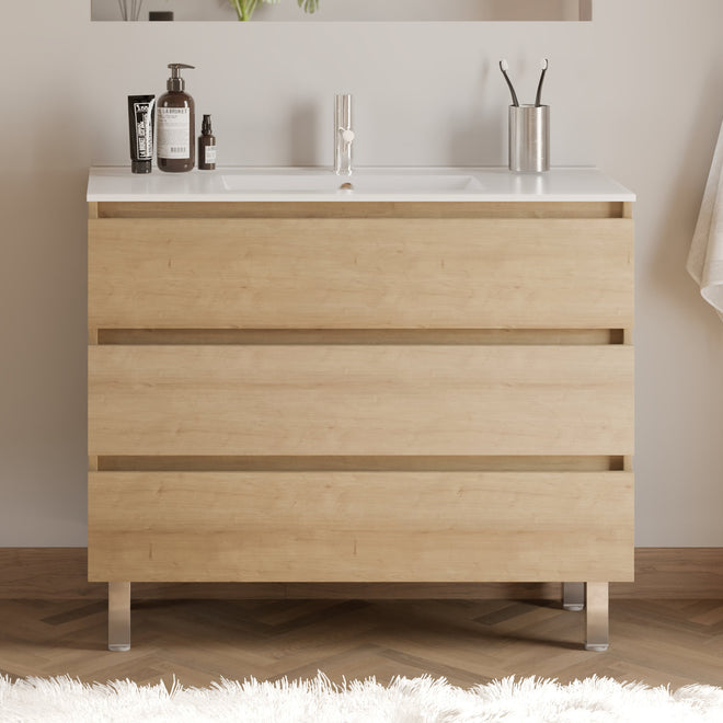 Meuble de salle de bain 90cm simple vasque - sans miroir - 3 tiroirs - MAYOR
