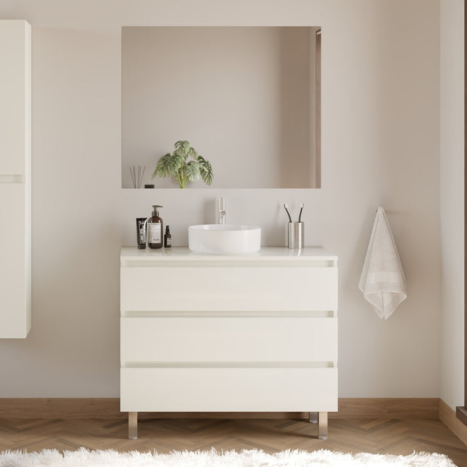 Meuble de salle de bain 90cm avec plateau et vasque à poser ronde - 3 tiroirs - MAYOR