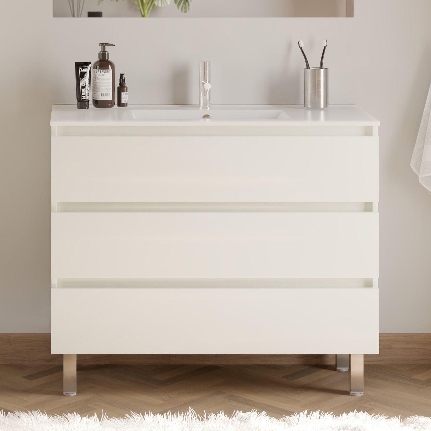 Meuble de salle de bain 90cm simple vasque - sans miroir - 3 tiroirs - MAYOR