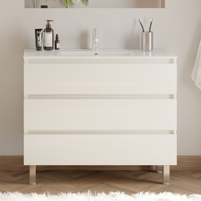 Meuble de salle de bain 100cm simple vasque - 3 tiroirs - sans miroir - MAYOR