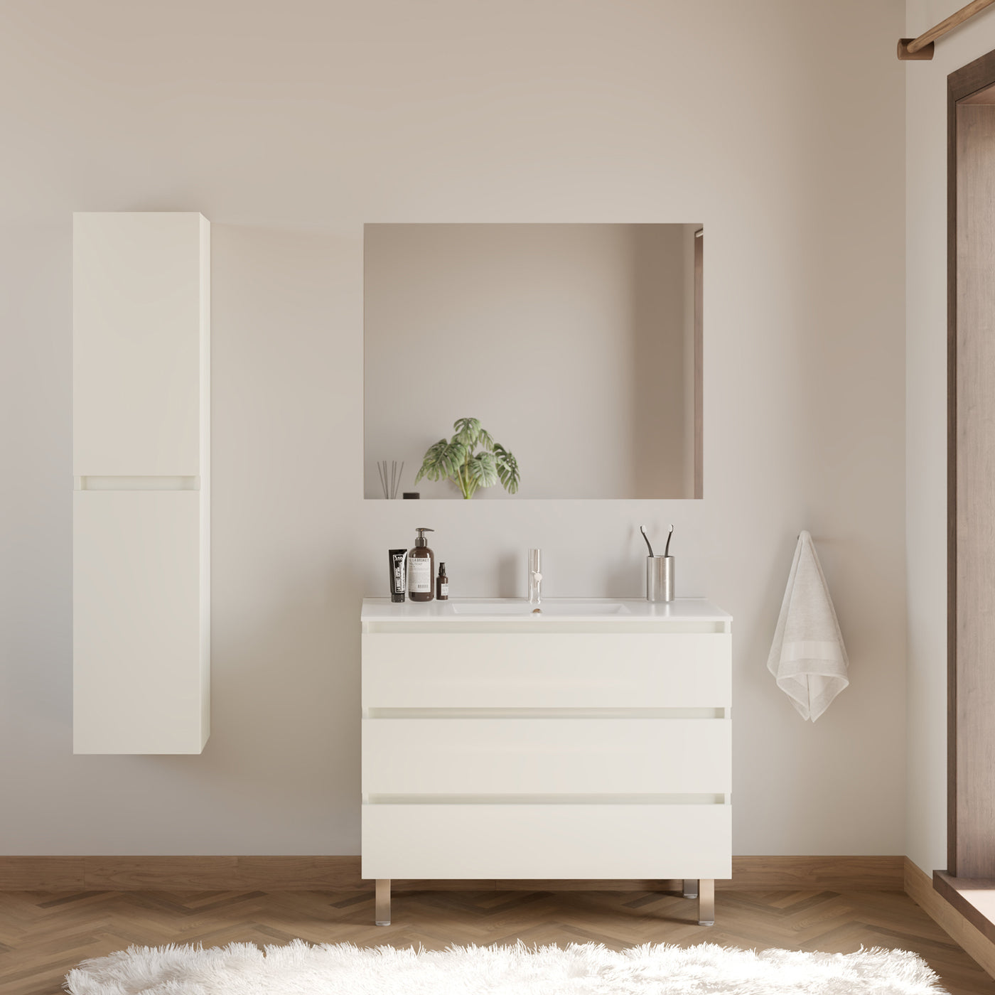 Meuble de salle de bain 90cm simple vasque - sans miroir - 3 tiroirs - MAYOR