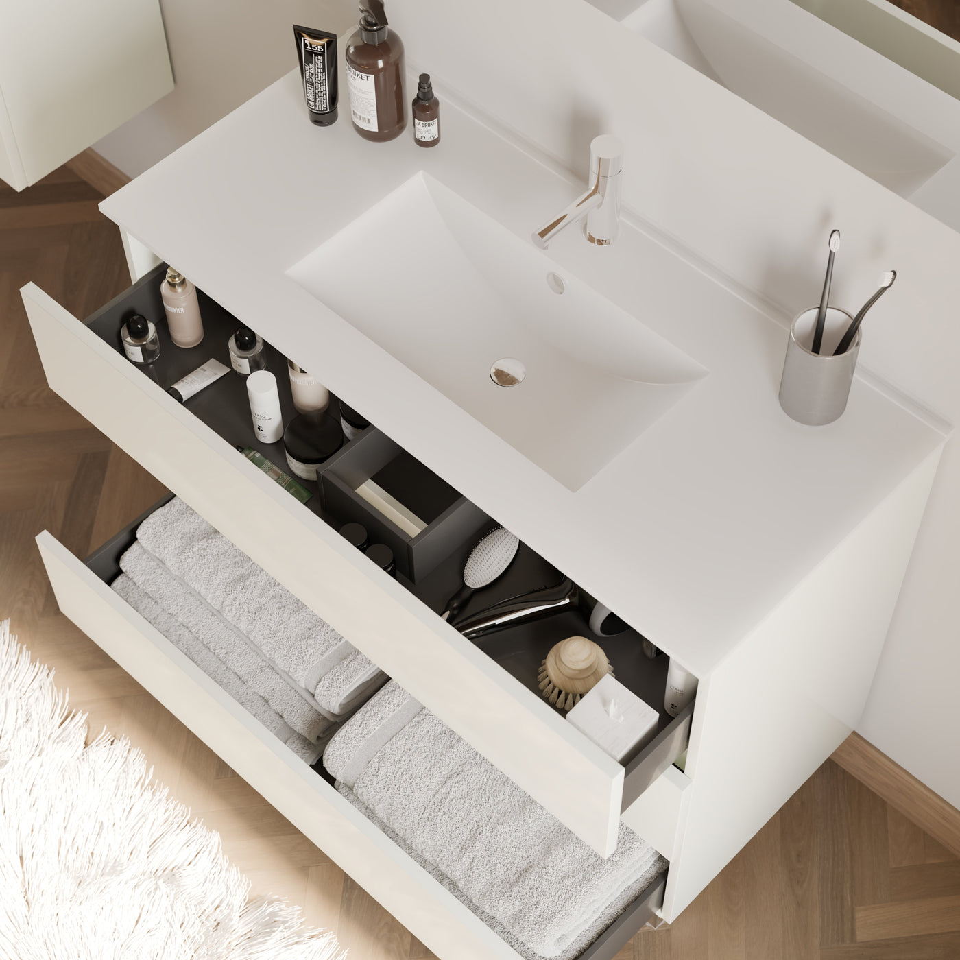 Meuble de salle de bain 90cm simple vasque - sans miroir - 3 tiroirs - MAYOR