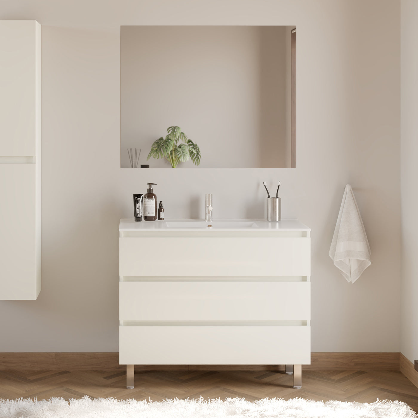 Meuble de salle de bain 90cm simple vasque - sans miroir - 3 tiroirs - MAYOR
