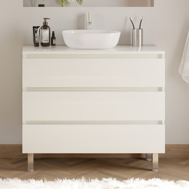 Meuble de salle de bain 90cm avec plateau et vasque à poser arrondie - 3 tiroirs - sans miroir - MAYOR