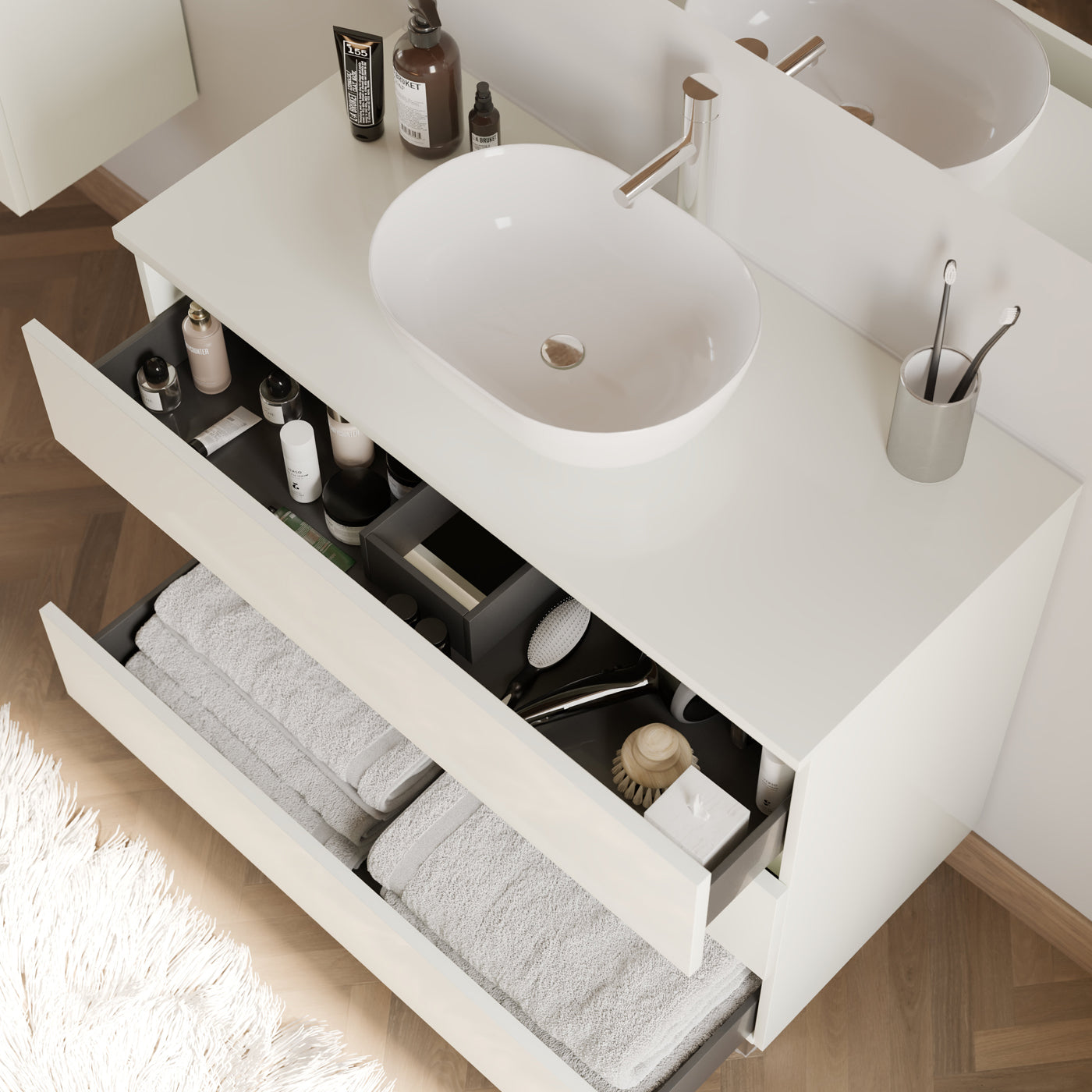 Meuble de salle de bain 100cm avec plateau et vasque à poser arrondie - 3 tiroirs - MAYOR