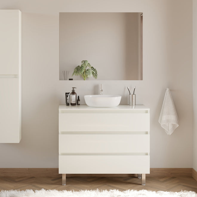 Meuble de salle de bain 100cm avec plateau et vasque à poser arrondie - 3 tiroirs - MAYOR