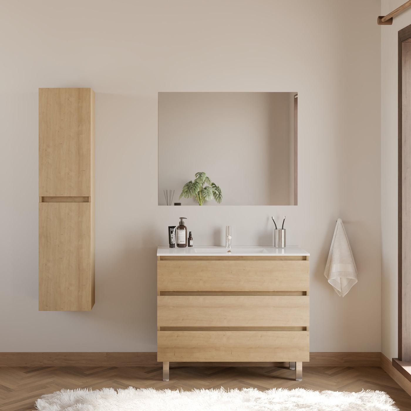 Meuble de salle de bain 90cm simple vasque - sans miroir - 3 tiroirs - MAYOR