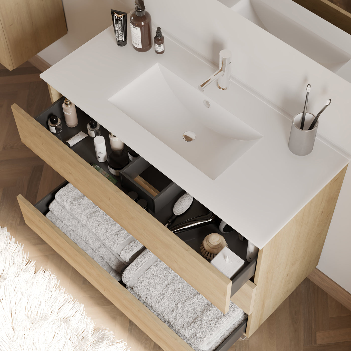 Meuble de salle de bain 90cm simple vasque - sans miroir - 3 tiroirs - MAYOR
