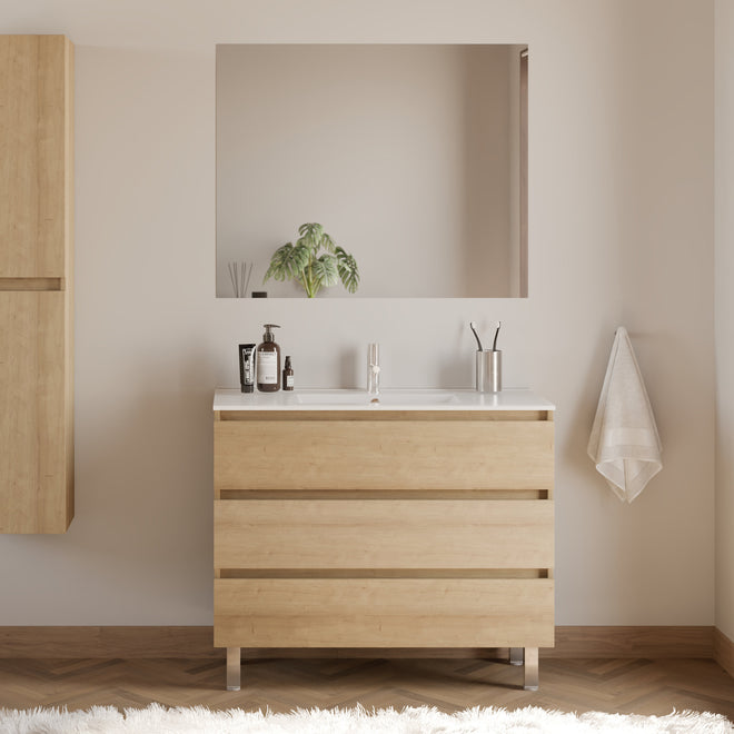 Meuble de salle de bain 100cm simple vasque - 3 tiroirs - MAYOR