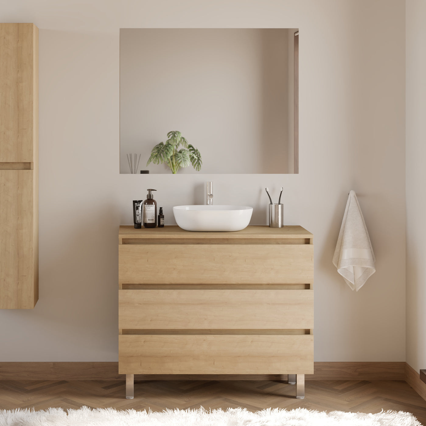 Meuble de salle de bain 100cm avec plateau et vasque à poser arrondie - 3 tiroirs - MAYOR