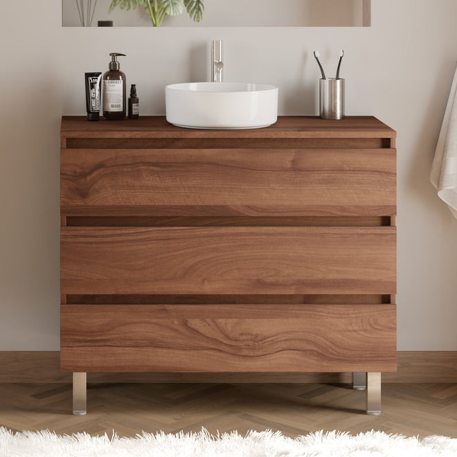 Meuble de salle de bain 90cm avec plateau et vasque à poser ronde - 3 tiroirs - sans miroir - MAYOR