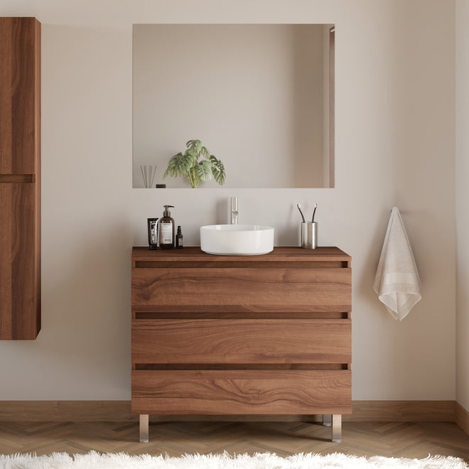 Meuble de salle de bain 100cm avec plateau et vasque à poser ronde - 3 tiroirs - MAYOR